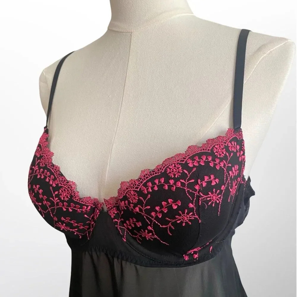 VTG Inner Secrets Y2K Black Pink Embroidered Mesh Babydoll Lingerie Chemise XL